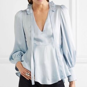 Alexa Chung Tie Neck Satin Blouse Sky Blue Peplum Ruffle Balloon Sleeve Blouse